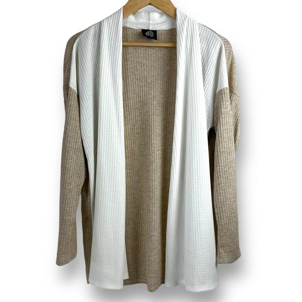 Bobaeu Women's‎ Size M Waffle Knit Open Cardigan Tan And Ivory Colorblock